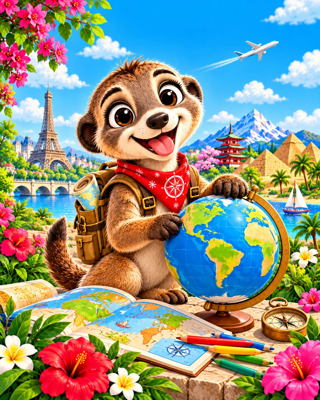 Curious meerkat with a globe, maps and pencils, discovering places around the world