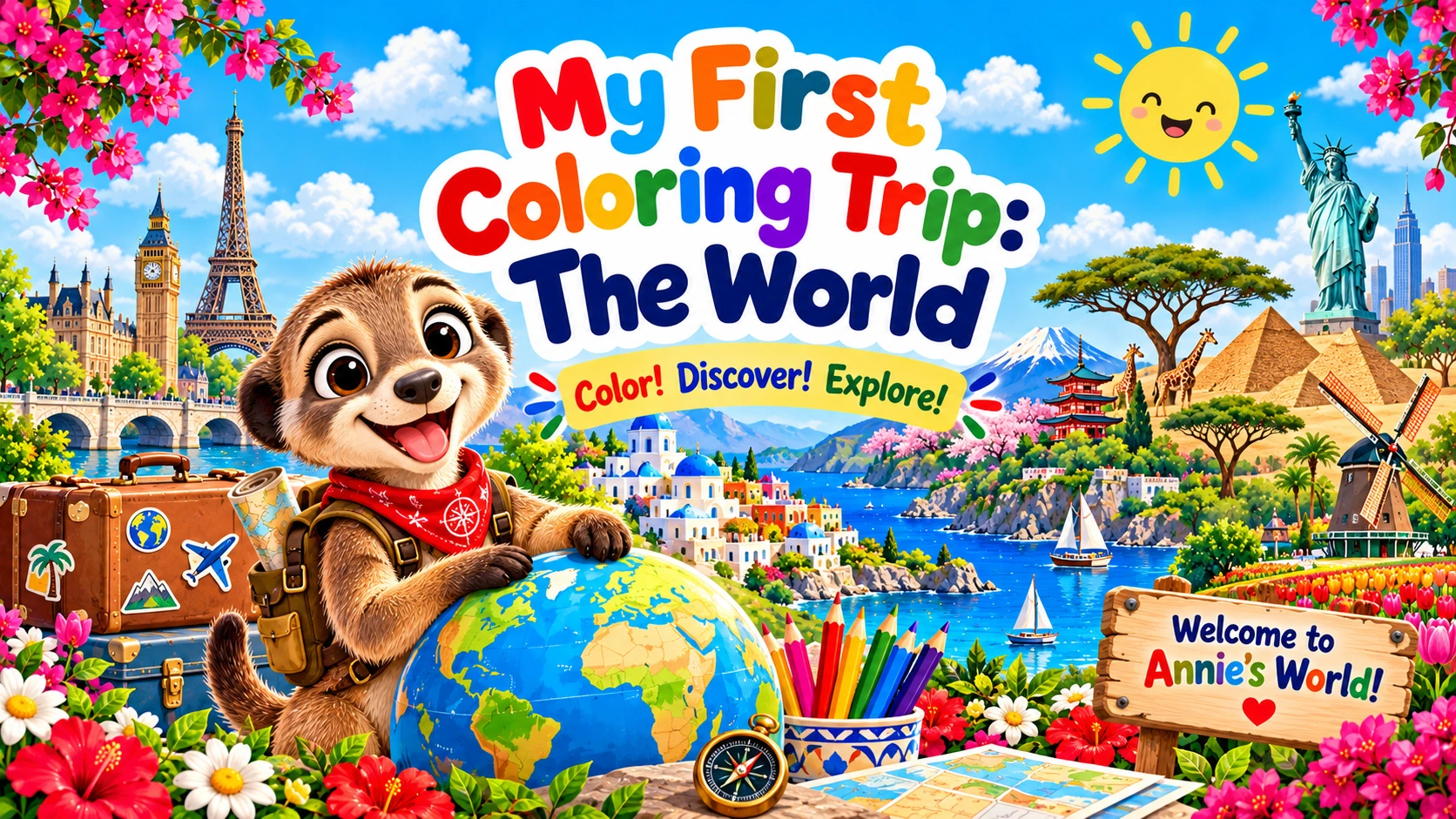 My First Coloring Trip: The World, with a curious meerkat, smiling sun, globe and famous places around the world